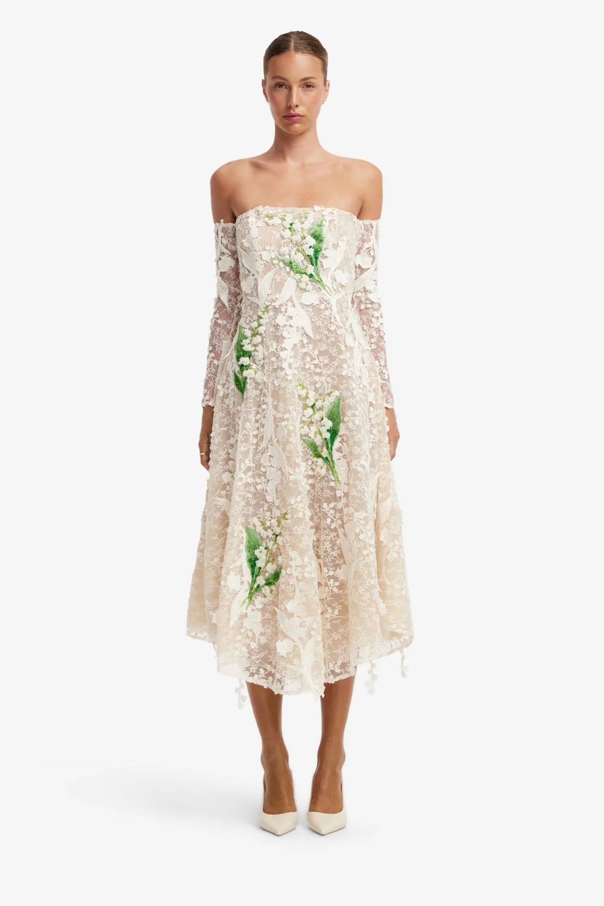 Ana Off-Shoulder Embellished Lace Bustier Midi Dress - Snow Meadow