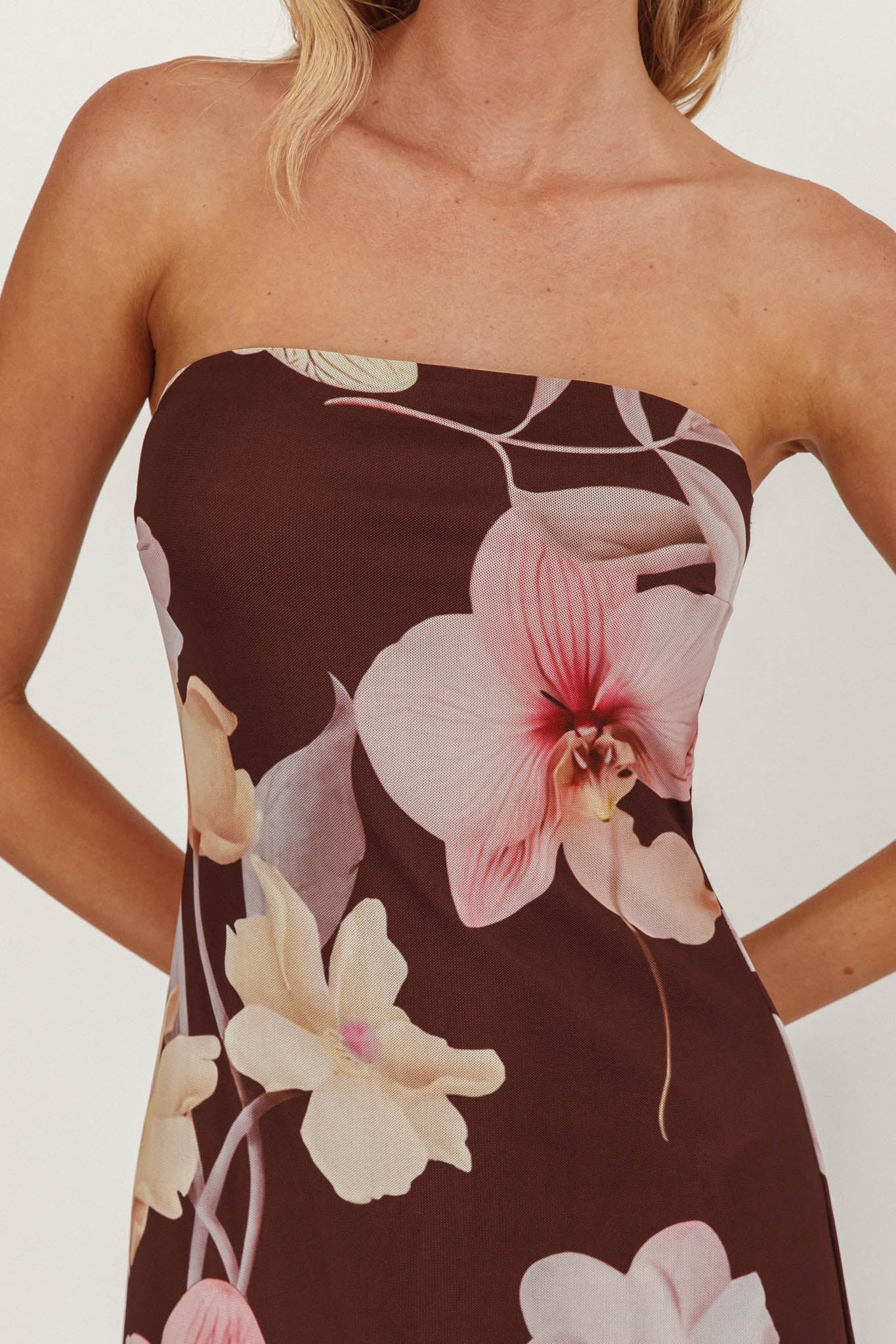 Wilma Sheer Hem Strapless Midi Dress Orchids Brown