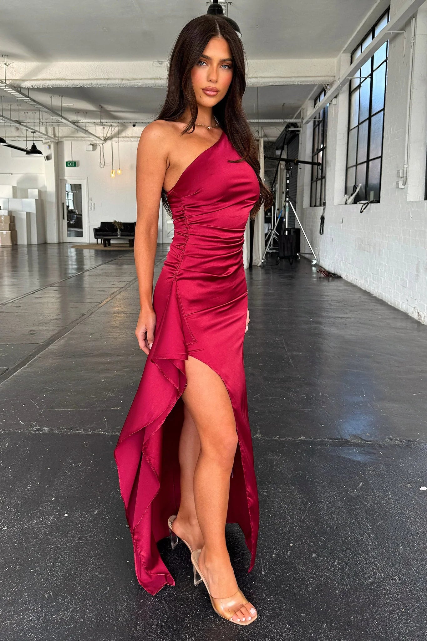 Elianna One Shoulder Satin Maxi Dress - Burgundy