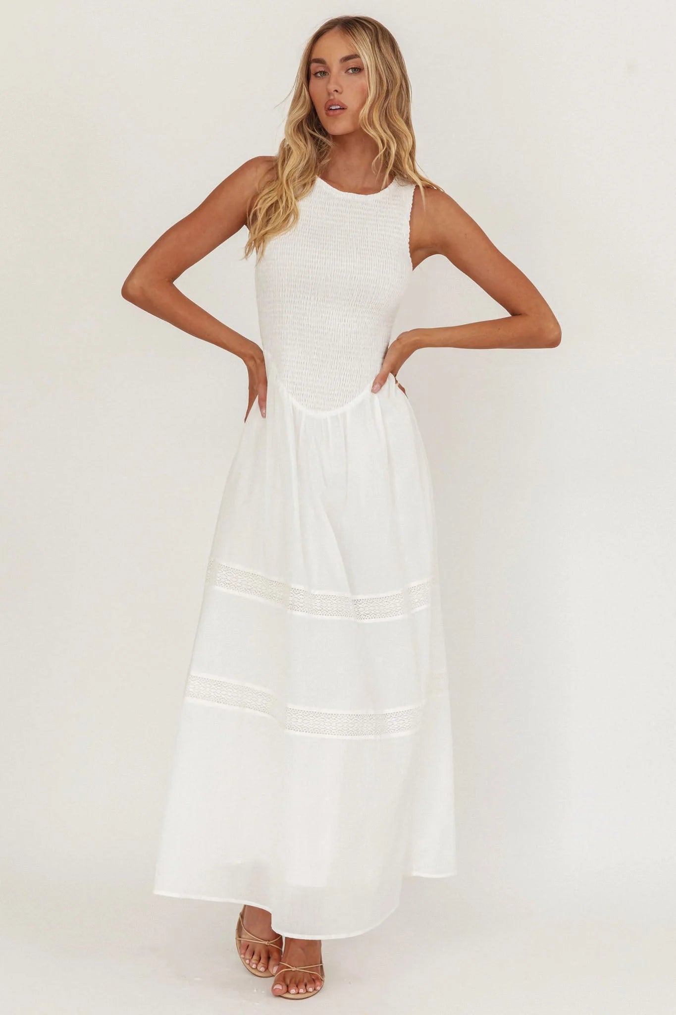 Smith Shirred Bodice Midi Dress White